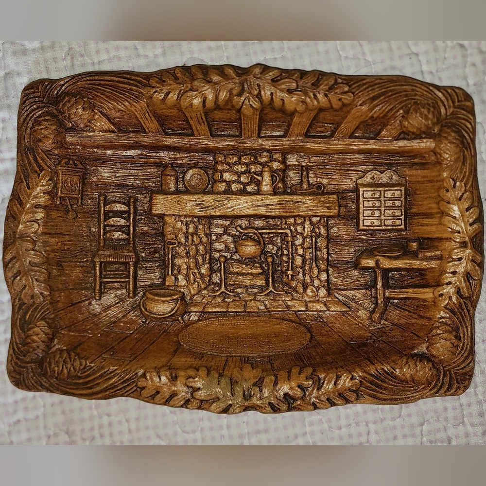Mid Century 1950s Resin bowl depicting cozy cabin scene with fireplace